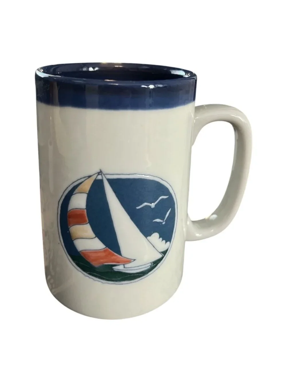 Vintage Otagiri Sailboat Tankard Mug Blue Nautical Coffee Cup with Original Reci